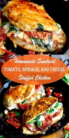 homemade stuffed tomato, spinach and cheese stuffed chicken in a cast iron skillet