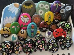 there are many painted rocks in the tray on the table, including ladybugs and daisies