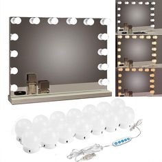 a vanity mirror with lights and balls in front of it, along with an electric toothbrush holder