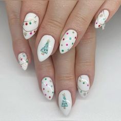 Christmas Village Nails, Cutesy Christmas Nails, Christmas Cookie Nail Art, Christmas Ornaments Nails, Snowman Nails Christmas, Christmas Nail Ideas Almond, Peppermint Nail Art, Pink Christmas Nail Ideas, Christmas Tree Nails Designs