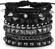 PRICES MAY VARY. Punk Rock: Sahoottie studded bracelet are suitable for men and women who like punk, gothic and rock styles. You can wear one of the bracelets alone, or wear multiple bracelets, or even match them with other different bracelets to show your unique personality aesthetic. Size: The emo bracelet size is 6.8-7.4 inches, the snaps of the leather bracelet are adjustable, and the beads are designed with elastic ropes. You can adjust the size by changing the position of the snaps. The co Punk Bracelets, Emo Jewelry, Studded Bracelet, Spike Bracelet, Gothic Bracelet, Grunge Jewelry, Multiple Bracelets, Punk Accessories, Metal Cuff Bracelet