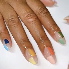 Multi Colored Nails Fall, Color Combo Nails, Two Tone Nail Designs, Multi Colored Nails, Two Tone Nails, Natural Nail Art, Retro Nails, Cuticle Care, Nail Jewels