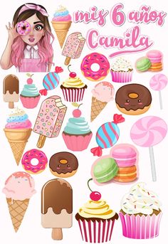 a girl with pink hair is surrounded by cupcakes, ice cream and donuts