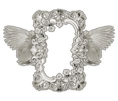 the letter c with an angel wings and flowers on it's sides is shown in silver