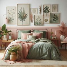 a bedroom with pink walls, green bedding and pictures on the wall above it