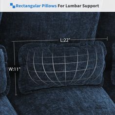 a blue couch with the measurements for it's back and arm pillows on top