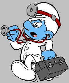 the smurf is holding a briefcase and wearing a stethoscope in his hand