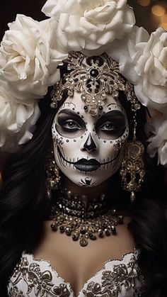 a woman with white flowers in her hair and makeup is dressed as a skeleton bride