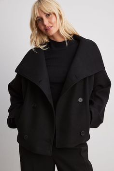 Double Breasted Short Coat Black | NA-KD Black Wool Coat, Winter Fits, Fashion Mistakes, Future Fashion, Coat Black, Style Mistakes, 10 Pounds, Short Coat, Na Kd