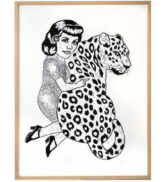 a black and white drawing of a woman with a leopard on her back, in a frame