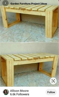 two pictures of a bench made out of wood