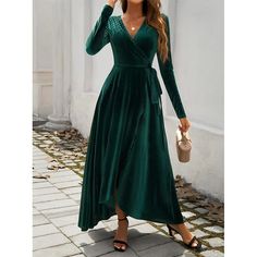 Season:Fall,Winter,Spring; Fabric:Polyester; Sleeve Length:Long Sleeve; Look After Me:Machine wash,Wash separately; Gender:Women's; Style:Vintage,Elegant; Elasticity:Micro-elastic; Occasion:Cocktail Party,Wedding Guest; Fit Type:Regular Fit; Dresses Type:Black Dress,A Line Dress,Wrap Dress; Pattern:Solid Color,Plain; Design:Bow,Tiered; Neckline:V Neck; Listing Date:08/01/2024; Bust:null; Length:null; Shoulder Width:null; Sleeve:null; Fit US Size:null; Fit UK Size:null; Fit EU Size:null; Dress Length Type:Maxi Dress; Print Type:non-printing Sansa Stark Costume, Autumn Color Season, Chic Womens Fashion, Velvet Outfit, Academic Style, Bridesmaid Wrap, Summer Long Dress, Abandoned Factory, Emerald Green Weddings