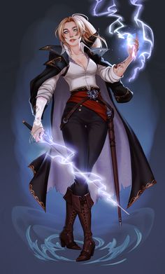 a woman in black and white outfit holding a wand with lightning coming out of her hand