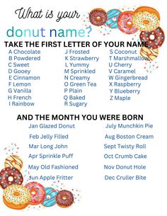 a poster with donuts on it that says, what is your donut name? take the first letter of your name and the month you're born