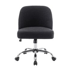 a black office chair with wheels and casteors on an isolated white background, viewed from the front