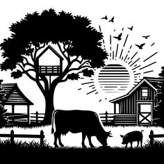 a black and white image of farm animals in front of a tree with barn buildings