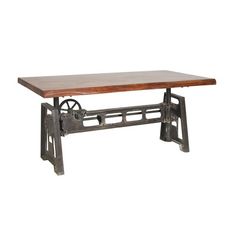 an industrial style table with wheels on the legs and a wooden top, against a white background