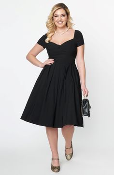 Get ready to turn heads in the Midge Swing Dress! This mid-century beauty features a sweetheart neckline, faux button tab, and a wide waistband for the perfect hourglass shape. With its off-the-shoulder sleeves and pleated swing skirt, you'll feel like twirling all day long. Unlined, Back Zipper, Hook Faux Button Tab Elastic Shoulders Material Has Stretch Retro Wardrobe, Sweetheart Neckline Top, Vintage Brand Clothing, Uv Clothing, 1950s Outfits, Beauty Features, Hourglass Shape, Vintage Branding, Unique Dresses