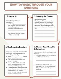 This how to on working through emotions helps with just that, use the four steps and guided questions to work toward a place of acceptance around how you're feeling Grounding Exercises, Therapeutic Activities, Art Therapy Activities, Therapy Worksheets, School Psychology, Health Info, Social Work, Mental And Emotional Health, Art Therapy