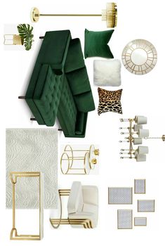 a collage of green and gold furniture, including chairs, pillows, rugs, wall hangings