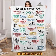 a woman holding up a white blanket with the words god says i am