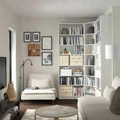 a living room filled with furniture and bookshelves