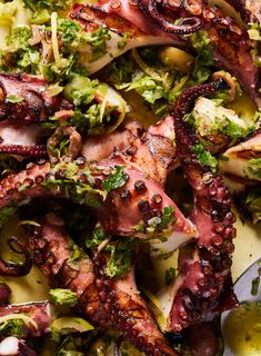 an octopus salad with broccoli, onions and other toppings on a plate