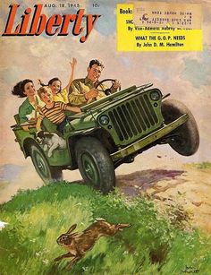 an old magazine cover with people riding in the back of a jeep and a dog running behind it