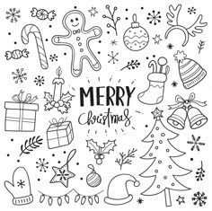 merry christmas doodles with presents and gifts in black and white ink on a white background