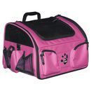 a pink dog carrier with black trim