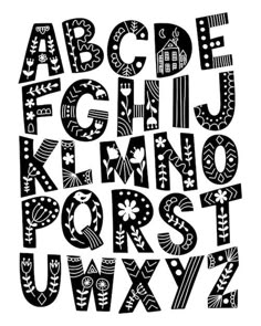 black and white hand drawn alphabet letters with flowers, leaves and houses on them stock photo