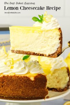 a slice of lemon cheesecake is being lifted from the cake