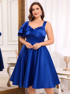 Plus Size Elegant Romantic Blue Exaggerated Ruffle Sleeve Back To School/Single Party Cocktail Dress Royal Blue Elegant  Short Sleeve Woven Fabric Plain Fit and Flare Non-Stretch  Weddings & Events, size features are:Bust: ,Length: ,Sleeve Length: Plus Prom Dresses, Long Sleeve Denim Jacket, Dresses Royal, Womens Cocktail Dresses, Women's Shapewear, Inspiration Mode, Cocktail Dress Party, Women Lingerie, Party Wear