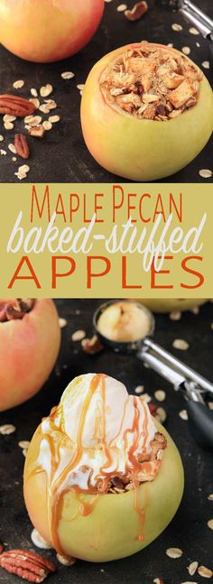 an image of baked apples with pecans on the side and caramel drizzle