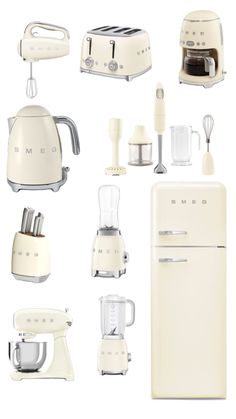 an assortment of kitchen appliances including blenders, mixers, and toaster oven