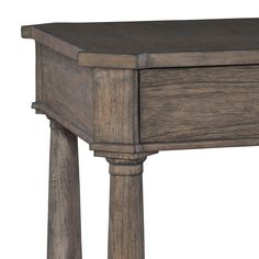 a wooden table with two legs and a drawer on the top, against a white background