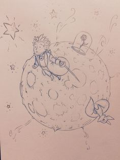 a drawing of a person sitting on top of a large ball with stars around it