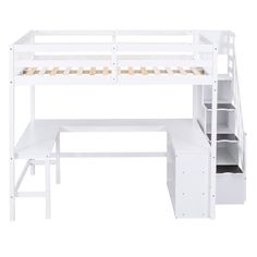 white loft bed with desk and drawers