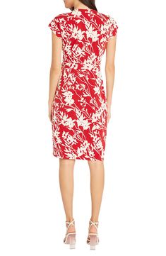 A cutout style floral print accentuates the shirred textures of a wrap front sheath dress set with short cap sleeves. 38.25" length (size 8M) V-neck Cap sleeves Snap front closure 95% polyester, 5% spandex Machine wash Imported Model stats: 5'10" height, 32" bust, 25" waist, 36" hip. Model is wearing size S Casual Backyard Wedding, Dresses Brunch, Brunch Easter, Womens Summer Dresses, Missy Dresses, Daytime Wedding, Guest Dress Wedding, Cutout Style, Cocktail Date