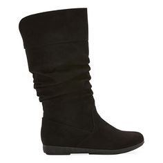 These St. John's Bay women's Korba tall slouch boots are a chic, comfy style you'll love wearing in cooler temps. They feature a flat traction sole for extra stability, a memory foam insole for greater comfort, a buckle overlay and pull-on design. Wear them over leggings or boots and a turtleneck. Features: Memory FoamAdditional Information: Traction Sole Provides Extra StabilityClosure Type: Pull OnFootwear Technology: Memory Foam InsoleShaft Circumference: 14 1/2 InchesBoot Shaft Height: 11 3… Slouch Boots, Slouched Boots, Comfy Fashion, Boots Black, Black Boots, Memory Foam, Heel Height, Turtle Neck, Boots