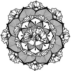 a black and white drawing of a flower with leaves in the center, on a white background