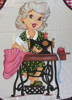 a woman sitting at a sewing machine with an apron over her shoulder and holding a needle