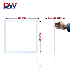 an image of a hand holding a white square object with measurements for the size and width