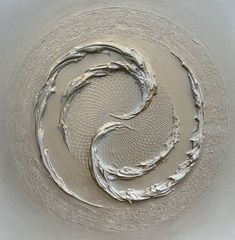 an abstract painting in white and grey with swirls on the bottom, surrounded by smaller circles