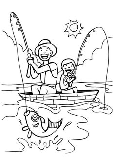 an adult and child in a boat on the water with a fish, coloring book page