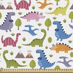 a white background with colorful dinosaurs and trees