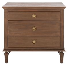 a wooden nightstand with three drawers and two pulls on the bottom, one drawer open