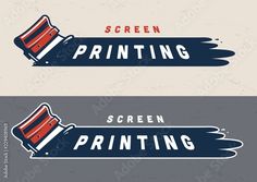 two signs that say screen printing and the words screen printing are in red, white and blue