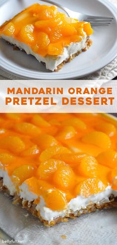 there is a dessert with oranges and cream on the top, and in the middle