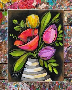 an acrylic painting of flowers in a vase